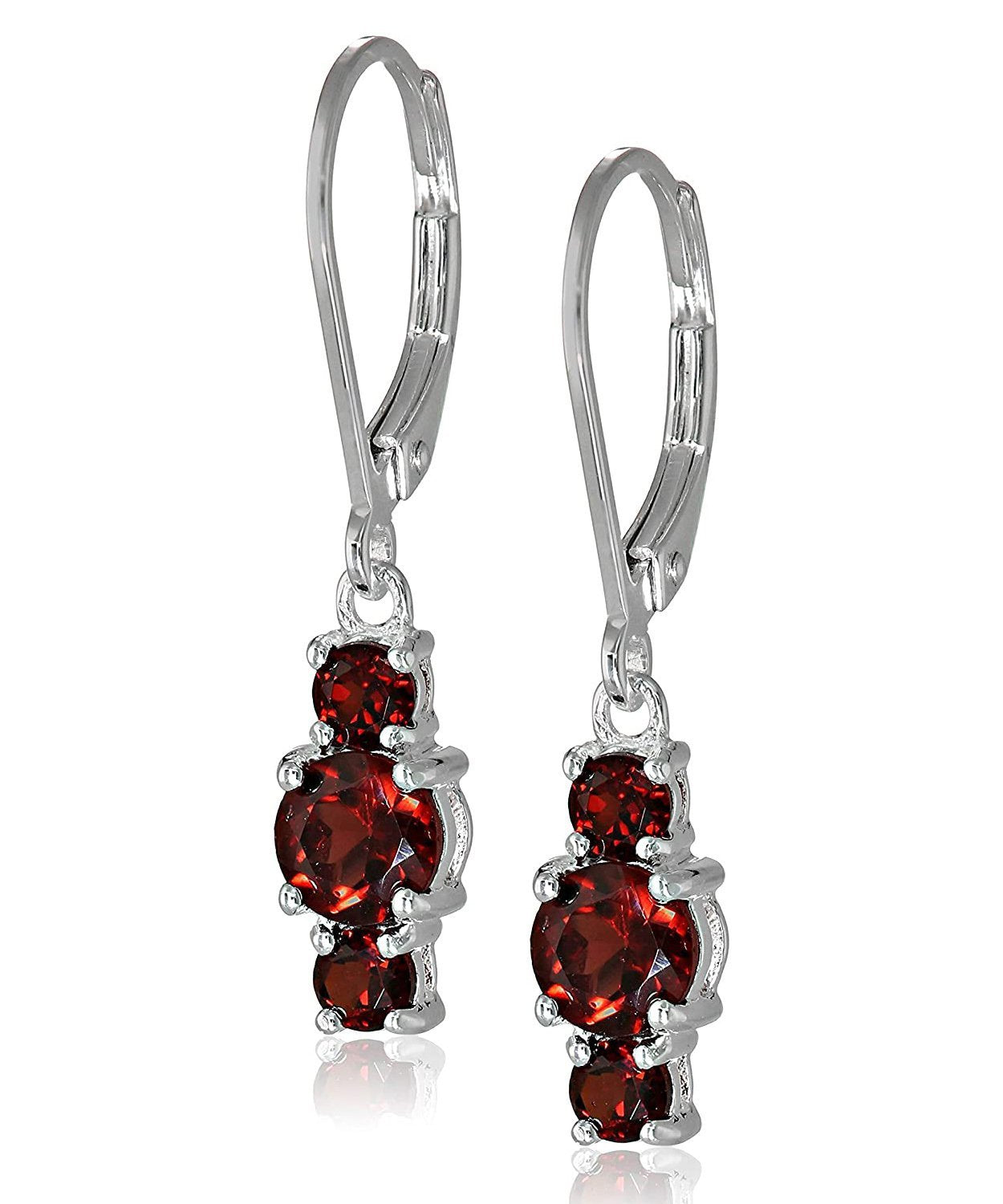 Three Stone Leverback Dangle earrings featuring garnet Austrian crystals set in 18K white gold, showcasing elegance and craftsmanship.