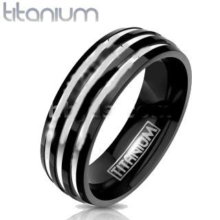 Three Stripes on a Black Band Ring made of solid titanium, showcasing a sleek design with three elegant stripes.