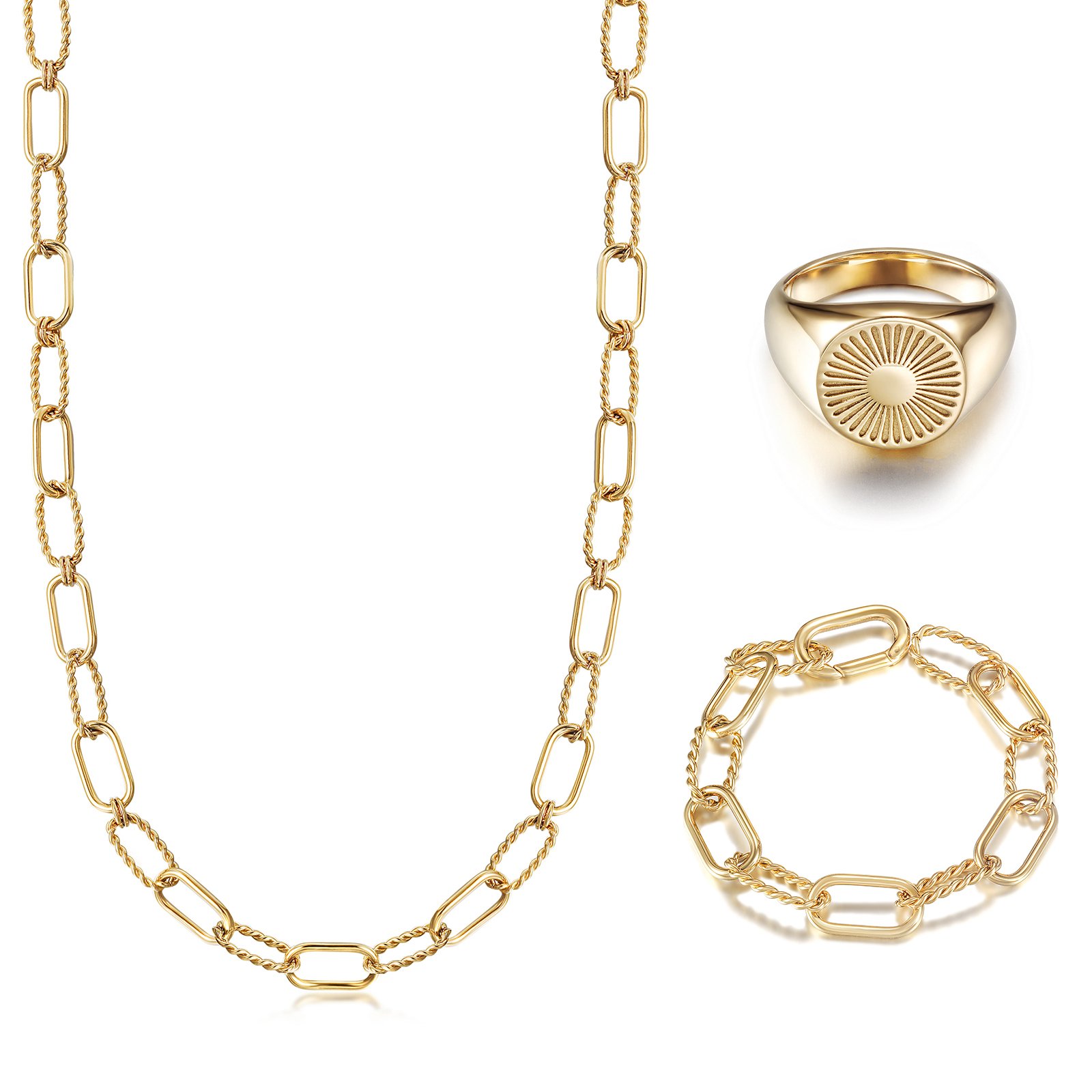 THREADER INTERLOCKING LINK SET featuring a geometric necklace, bracelet, and ring in a delicate gift box.