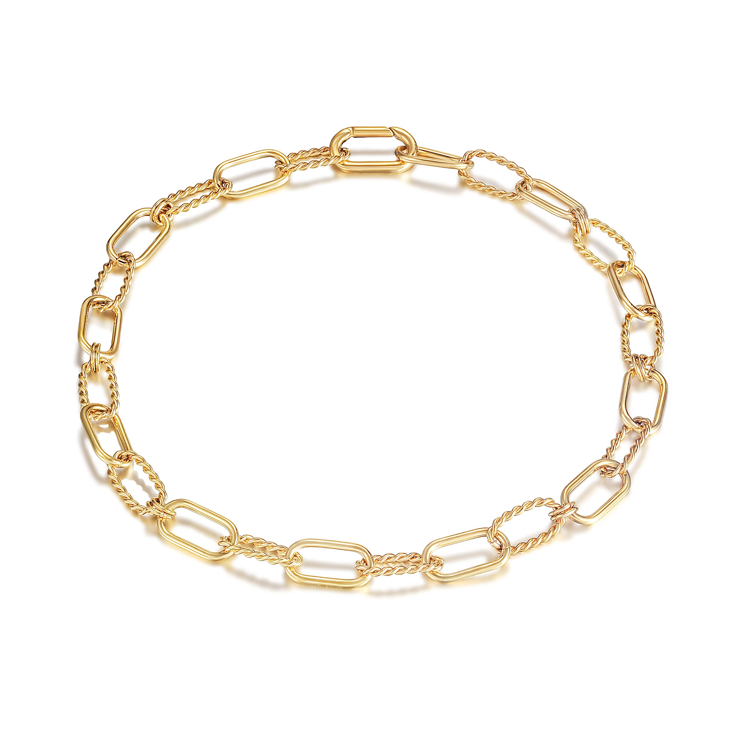 Elegant Threader Interlocking Necklace made of 316L surgical stainless steel with 14K gold PVD plating, showcasing its unique interlocking design.