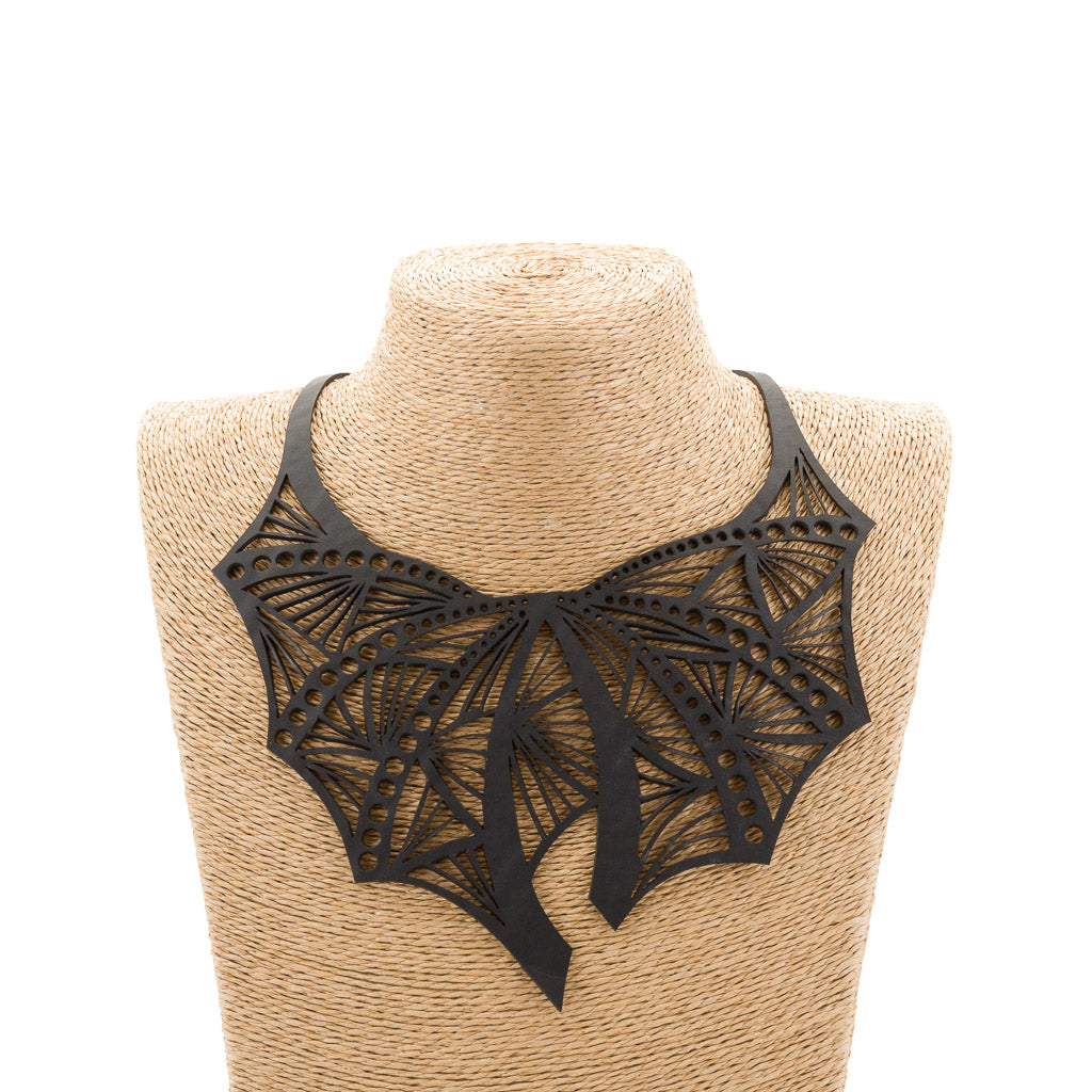 Tiara Statement Gothic Necklace made from upcycled rubber, featuring a bold design and unique textures, perfect for gothic and eco-friendly fashion.