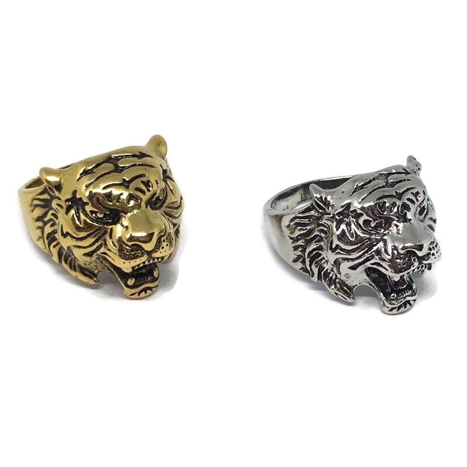 A stunning Tibetan Tiger Statement Ring made from 18ct gold and sterling silver plated steel alloy, featuring a bold tiger design.