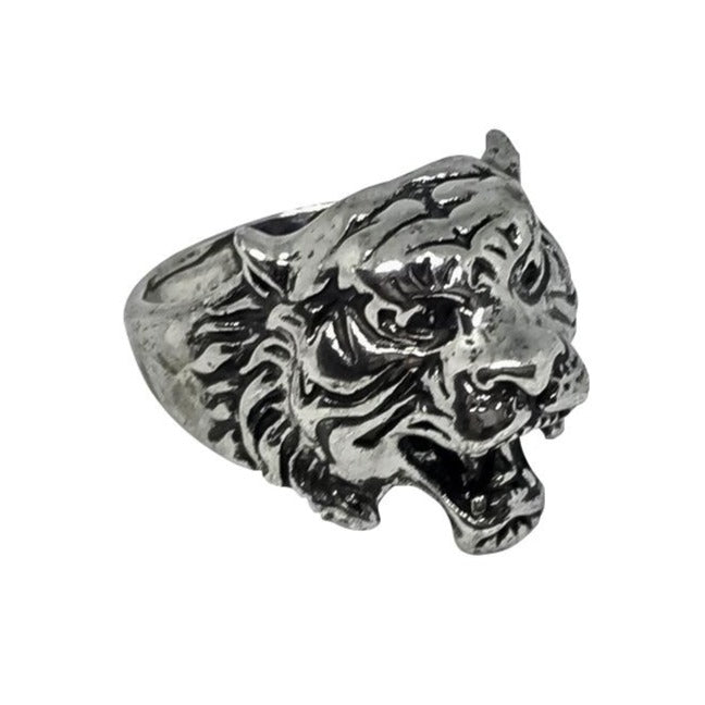 A stunning Tibetan Tiger Statement Ring made from 18ct gold and sterling silver plated steel alloy, featuring a bold tiger design.