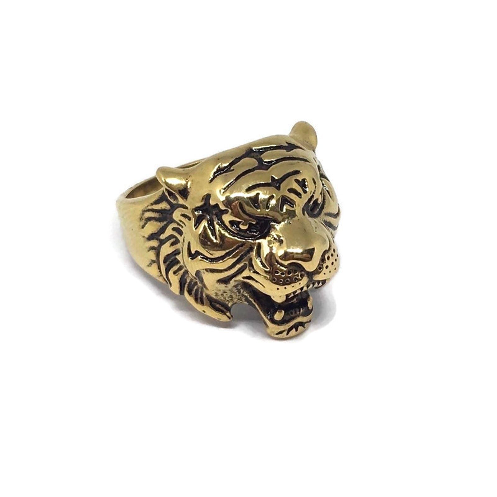 A stunning Tibetan Tiger Statement Ring made from 18ct gold and sterling silver plated steel alloy, featuring a bold tiger design.