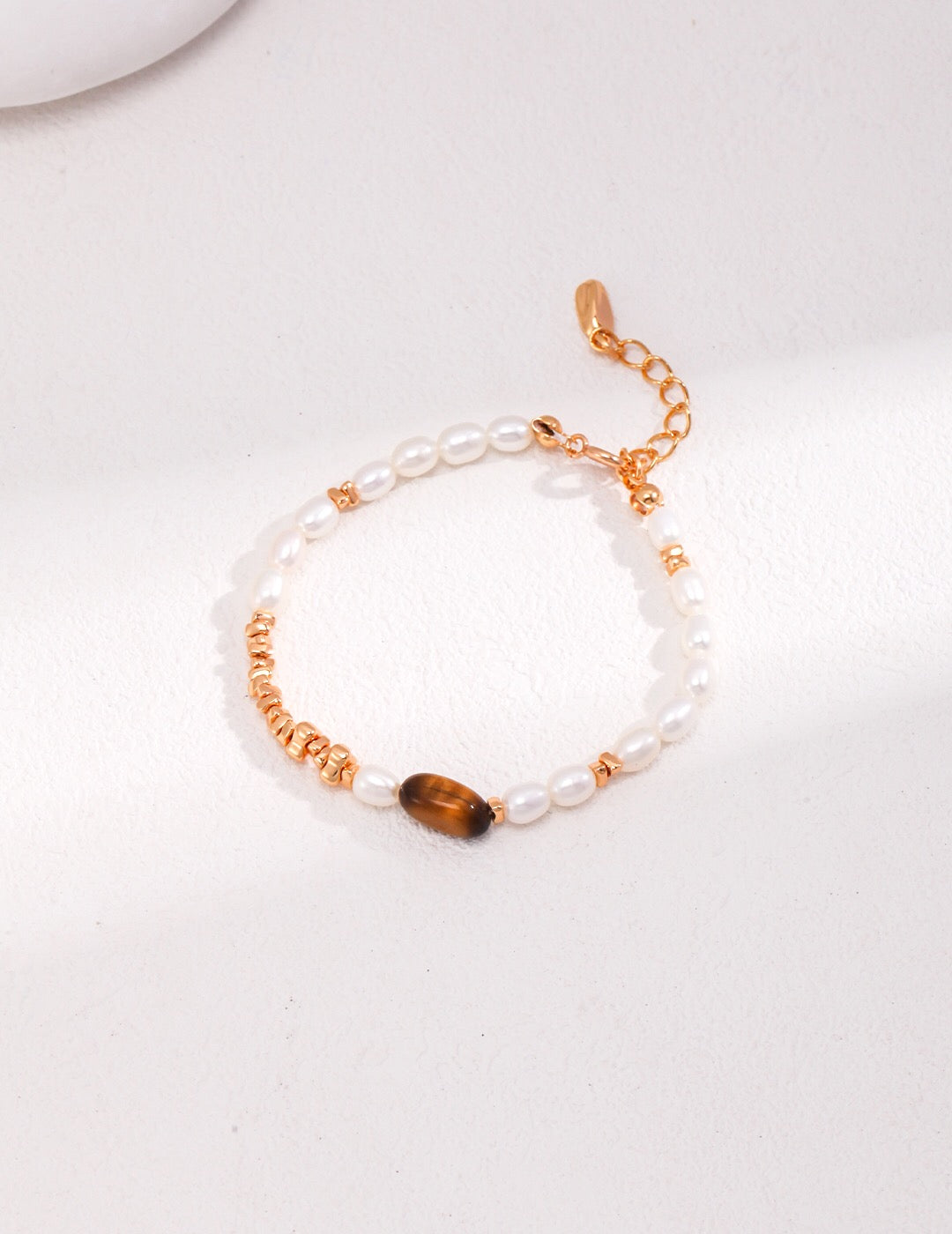 Handmade Tiger Eye Stone Pearl Bracelet featuring sterling silver and gold vermeil, adjustable length with elegant design.