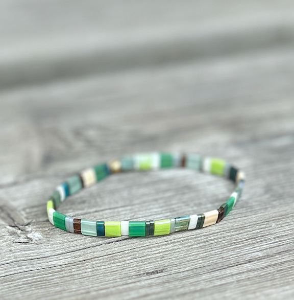 Tila Set Grassy Meadow bracelet featuring vibrant green Miyuki Tila beads and white stretchy design, perfect for bohemian style.