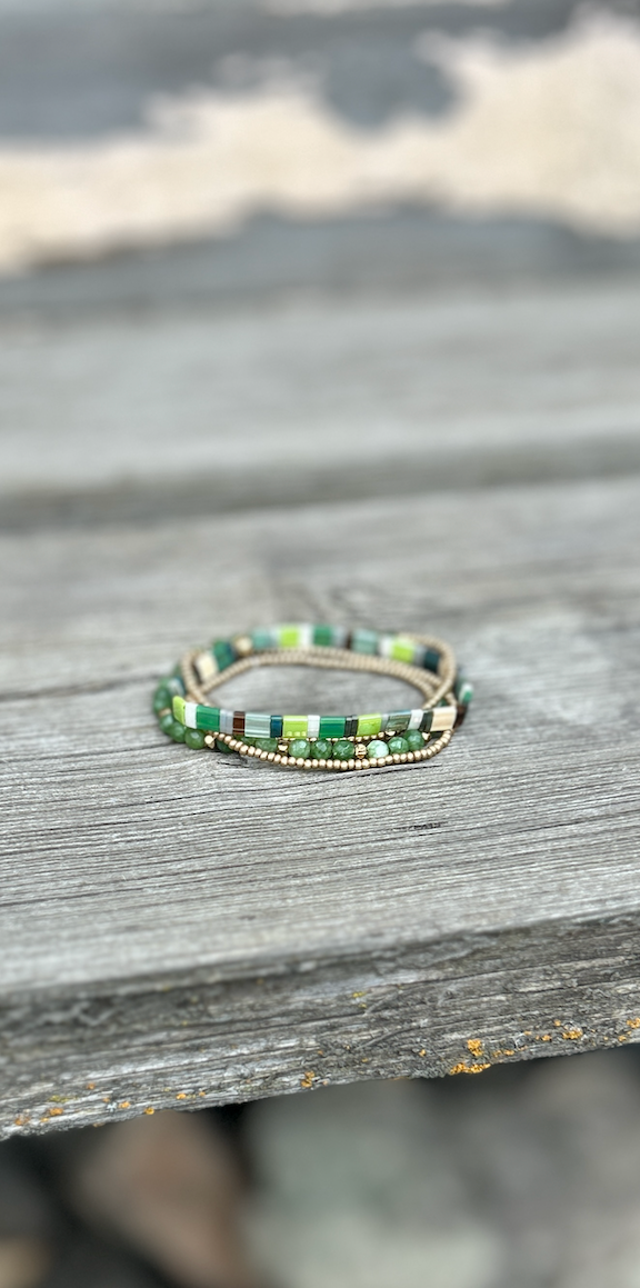 Tila Set Grassy Meadow bracelet featuring vibrant green Miyuki Tila beads and white stretchy design, perfect for bohemian style.