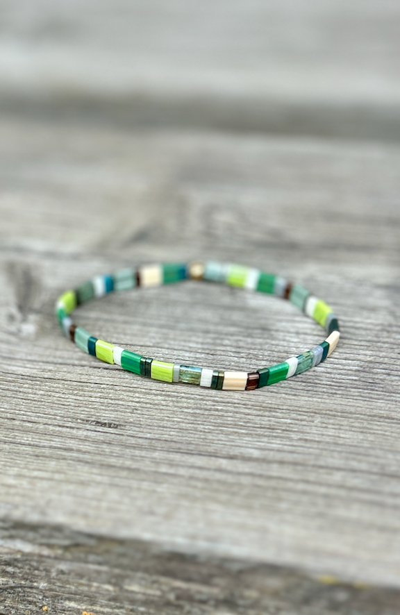 Tila Set Grassy Meadow bracelet featuring vibrant green Miyuki Tila beads and white stretchy design, perfect for bohemian style.