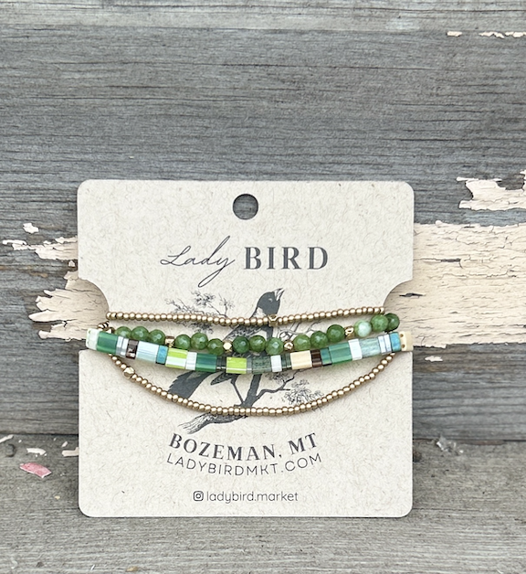 Tila Set Grassy Meadow bracelet featuring vibrant green Miyuki Tila beads and white stretchy design, perfect for bohemian style.