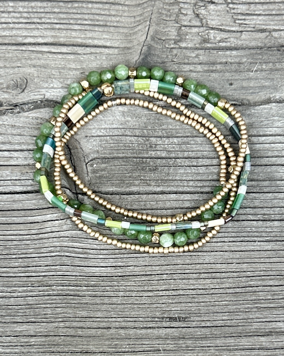 Tila Set Grassy Meadow bracelet featuring vibrant green Miyuki Tila beads and white stretchy design, perfect for bohemian style.