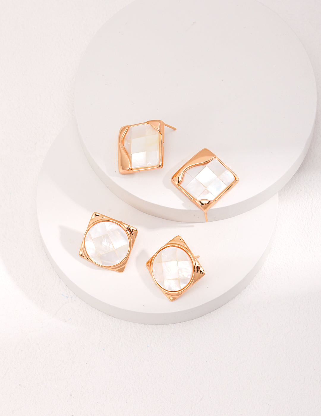 Timeless Mosaic Pure Silver Shell Earrings featuring intricate shell inlays and vintage gold finish, elegantly designed for modern and classic styles.