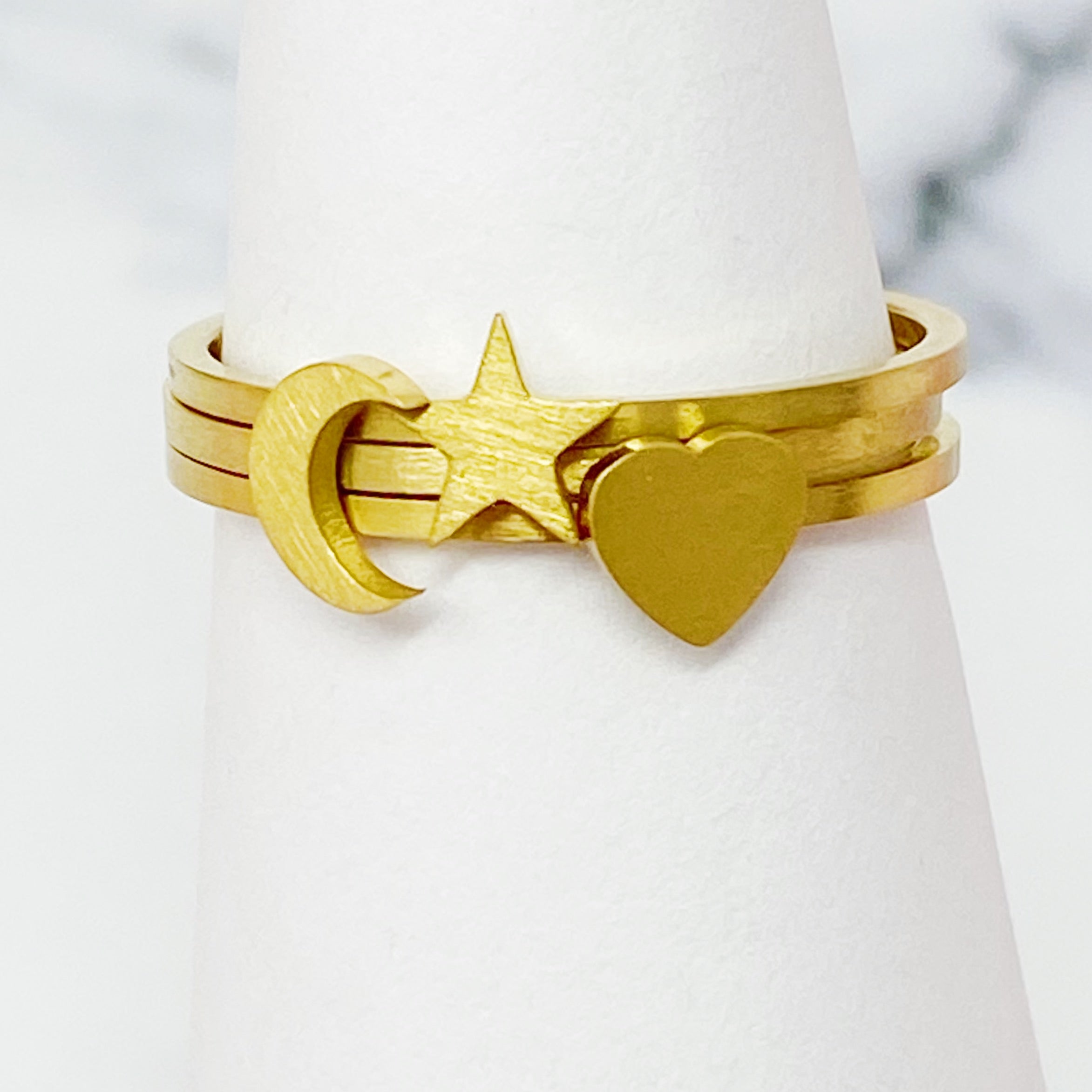 Tiny Figure Stackable Ring featuring various shapes, 18K gold plated stainless steel, size 7, perfect for stacking.