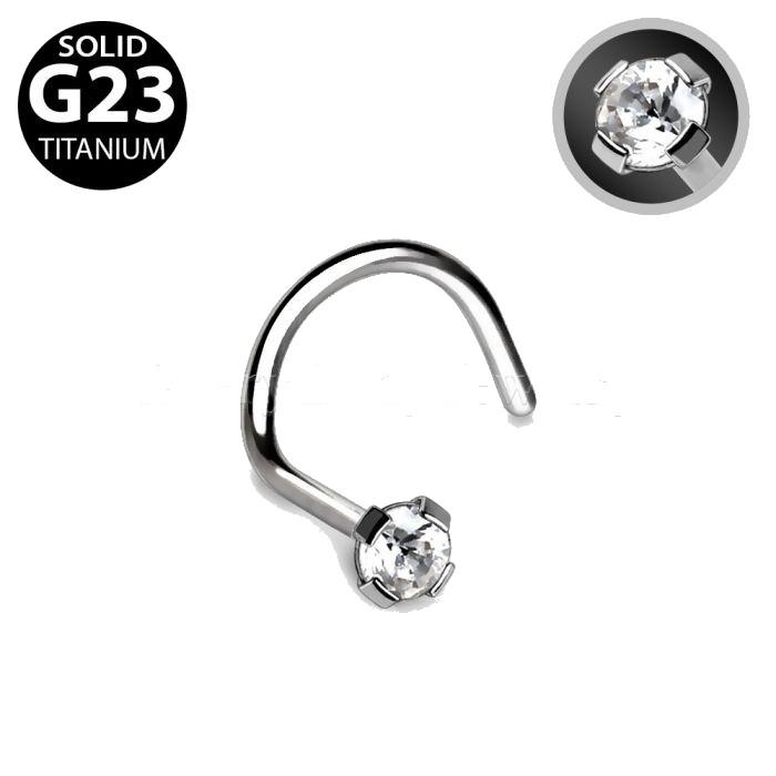 A close-up of a Titanium Prong Set CZ Screw Nose Ring featuring a clear round cubic zirconia stone held in a four-prong setting.