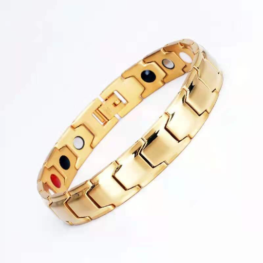 A luxurious gold plated titanium stainless steel magnetic bracelet for men, showcasing a sleek design and polished finish.