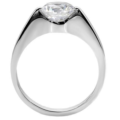 TK012 High Polished Stainless Steel Ring featuring AAA Grade clear CZ center stone, showcasing a sleek and shiny design.