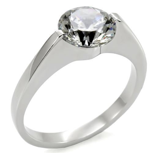 TK012 High Polished Stainless Steel Ring featuring AAA Grade clear CZ center stone, showcasing a sleek and shiny design.