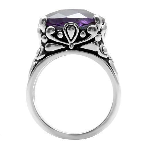 TK016 High Polished Stainless Steel Ring featuring AAA Grade Amethyst CZ, showcasing its elegant design and shiny finish.