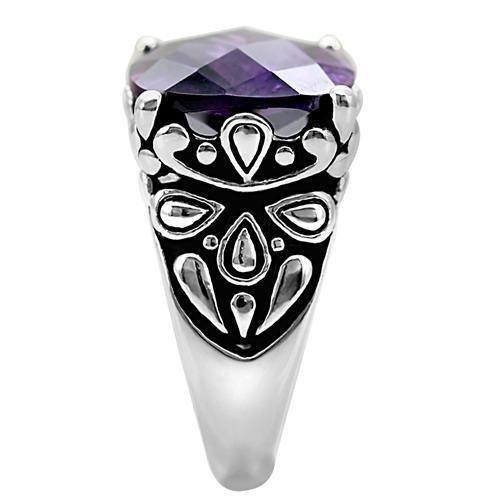 TK016 High Polished Stainless Steel Ring featuring AAA Grade Amethyst CZ, showcasing its elegant design and shiny finish.