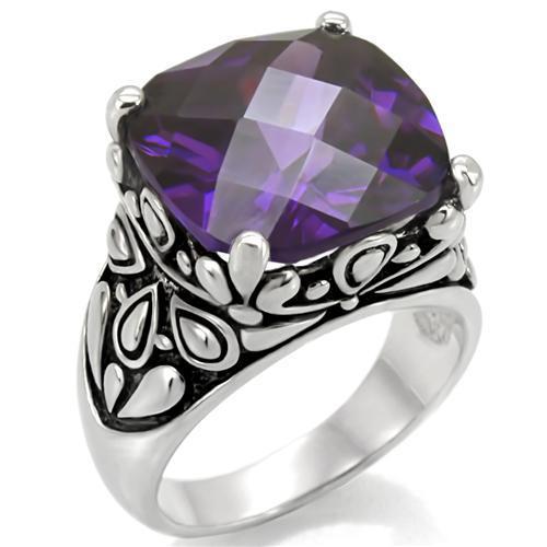 TK016 High Polished Stainless Steel Ring featuring AAA Grade Amethyst CZ, showcasing its elegant design and shiny finish.