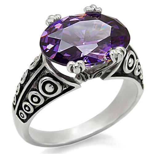 TK017 High Polished Stainless Steel Ring featuring AAA Grade Amethyst CZ, showcasing its elegant design and brilliant shine.