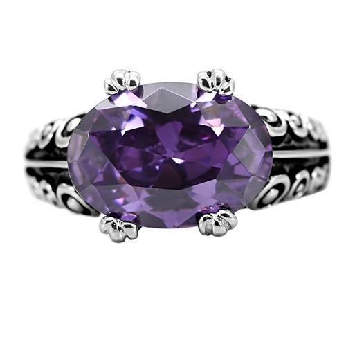 TK017 High Polished Stainless Steel Ring featuring AAA Grade Amethyst CZ, showcasing its elegant design and brilliant shine.