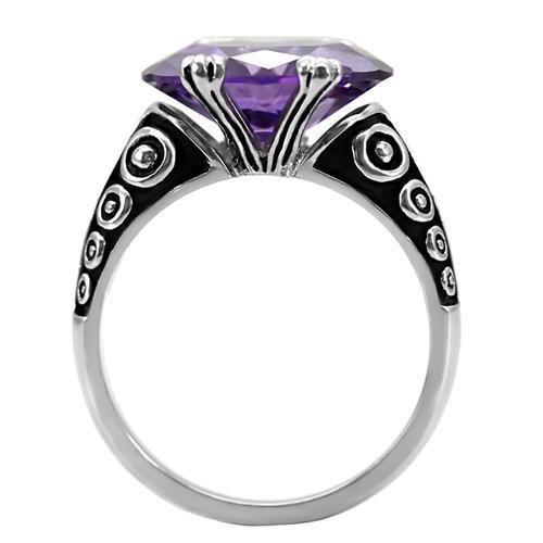 TK017 High Polished Stainless Steel Ring featuring AAA Grade Amethyst CZ, showcasing its elegant design and brilliant shine.