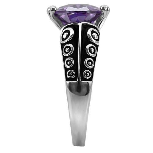 TK017 High Polished Stainless Steel Ring featuring AAA Grade Amethyst CZ, showcasing its elegant design and brilliant shine.