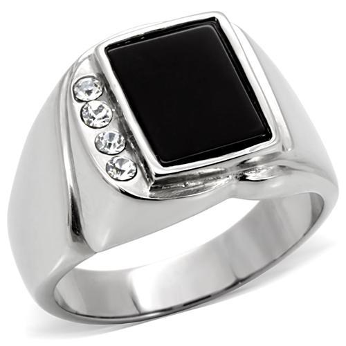 High polished stainless steel ring featuring a jet agate center stone, showcasing a sleek and modern design.