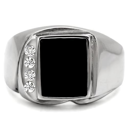 High polished stainless steel ring featuring a jet agate center stone, showcasing a sleek and modern design.