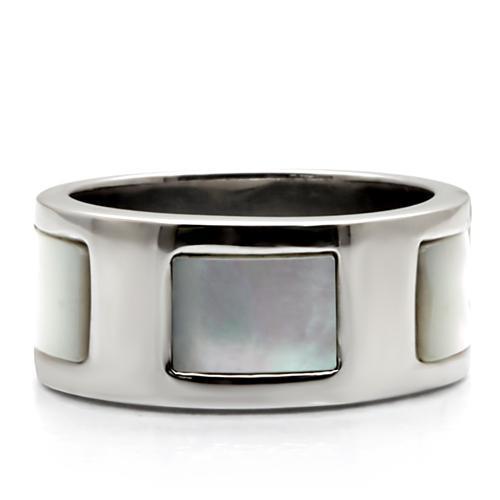 TK043 High Polished Stainless Steel Ring featuring a white Conch precious stone, showcasing its elegant design and high-quality finish.