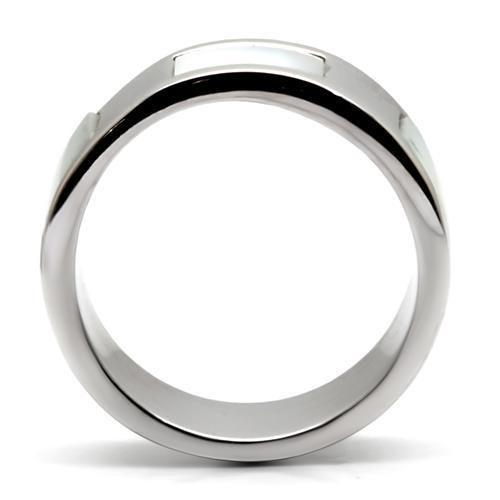 TK043 High Polished Stainless Steel Ring featuring a white Conch precious stone, showcasing its elegant design and high-quality finish.