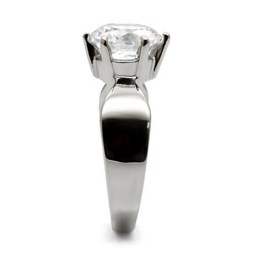 TK046 High Polished Stainless Steel Ring featuring a clear AAA Grade CZ stone, showcasing its elegant design and shiny finish.