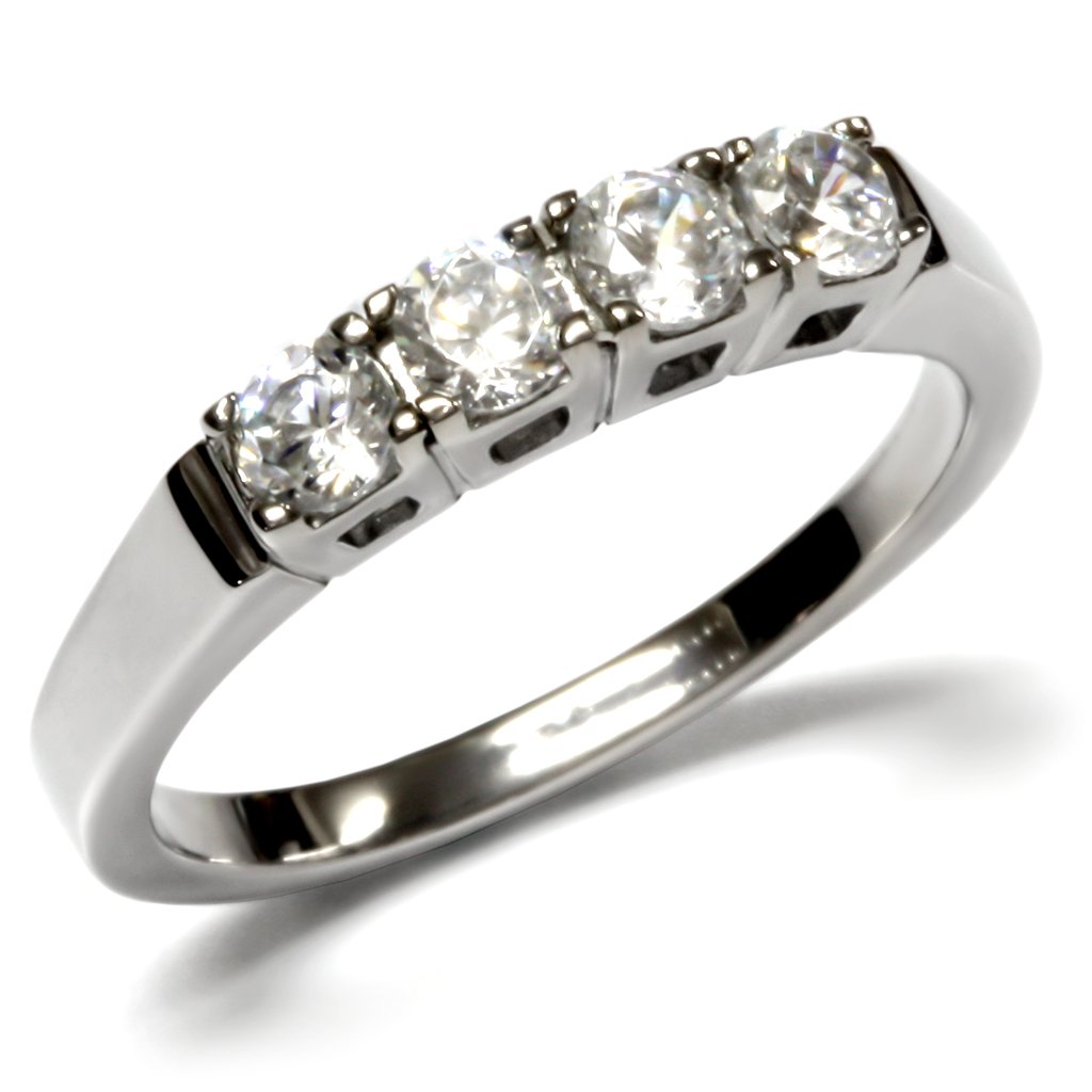 TK047 High Polished Stainless Steel Ring featuring a clear AAA Grade CZ center stone, showcasing its elegant design and shiny finish.