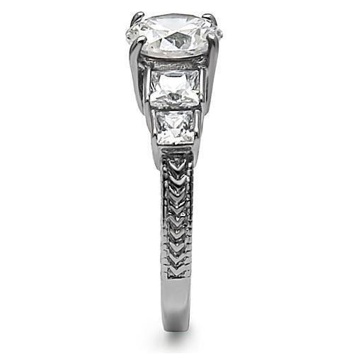 TK057 High Polished Stainless Steel Ring featuring a clear AAA Grade CZ center stone, showcasing its elegant design and shiny finish.