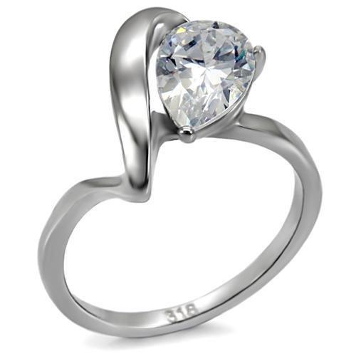 TK067 High Polished Stainless Steel Ring featuring a clear AAA Grade CZ center stone, showcasing its elegant design and shiny finish.