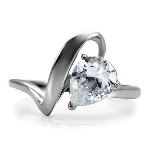 TK067 High Polished Stainless Steel Ring featuring a clear AAA Grade CZ center stone, showcasing its elegant design and shiny finish.