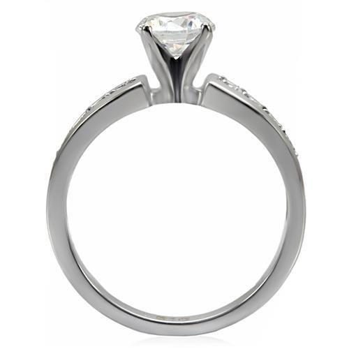 TK068 High Polished Stainless Steel Ring featuring a clear AAA Grade CZ center stone, showcasing its elegant design and shiny finish.