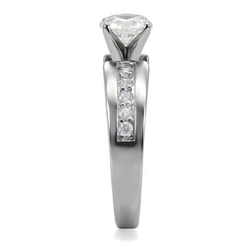 TK068 High Polished Stainless Steel Ring featuring a clear AAA Grade CZ center stone, showcasing its elegant design and shiny finish.