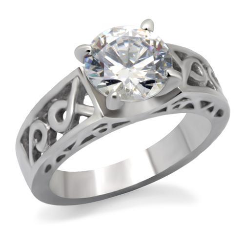 TK069 High Polished Stainless Steel Ring featuring AAA Grade clear CZ center stone, showcasing a sleek and shiny design.