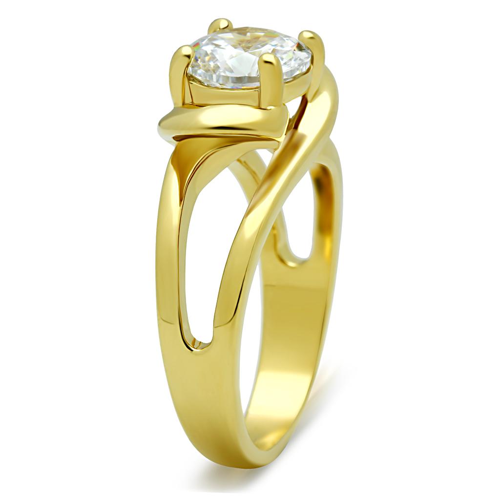 TK066G IP Gold Stainless Steel Ring featuring AAA Grade CZ stone, showcasing its elegant design and luxurious finish.