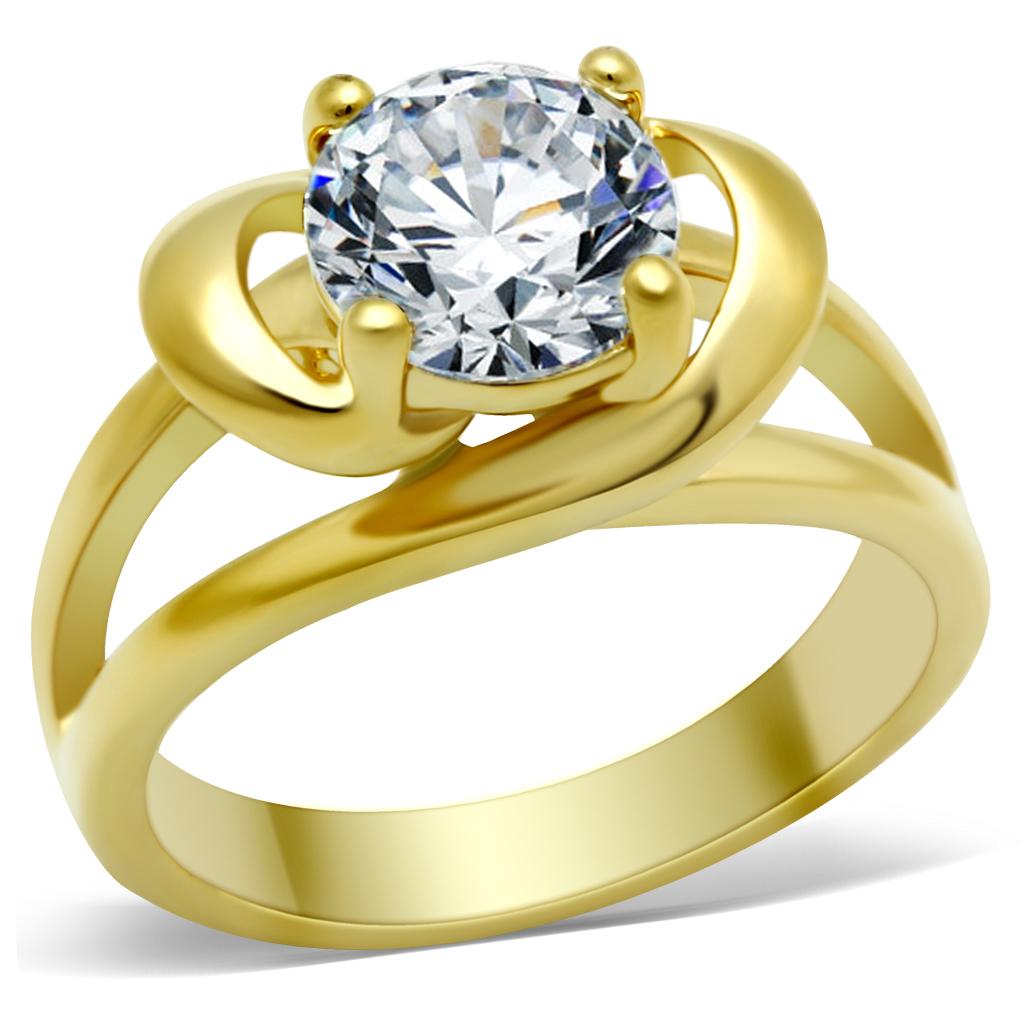 TK066G IP Gold Stainless Steel Ring featuring AAA Grade CZ stone, showcasing its elegant design and luxurious finish.