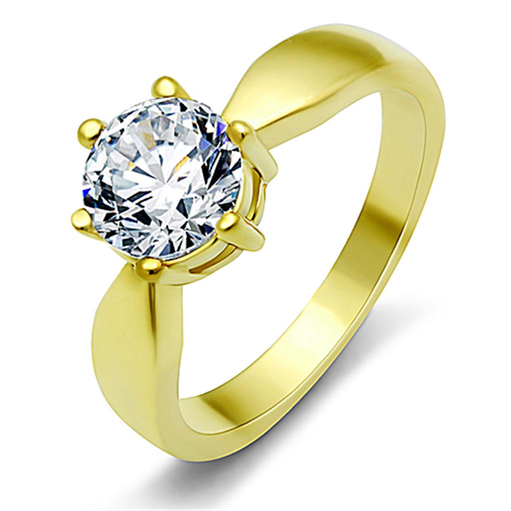 TK071G IP Gold Stainless Steel Ring featuring a clear AAA Grade CZ center stone, showcasing its elegant design and luxurious finish.