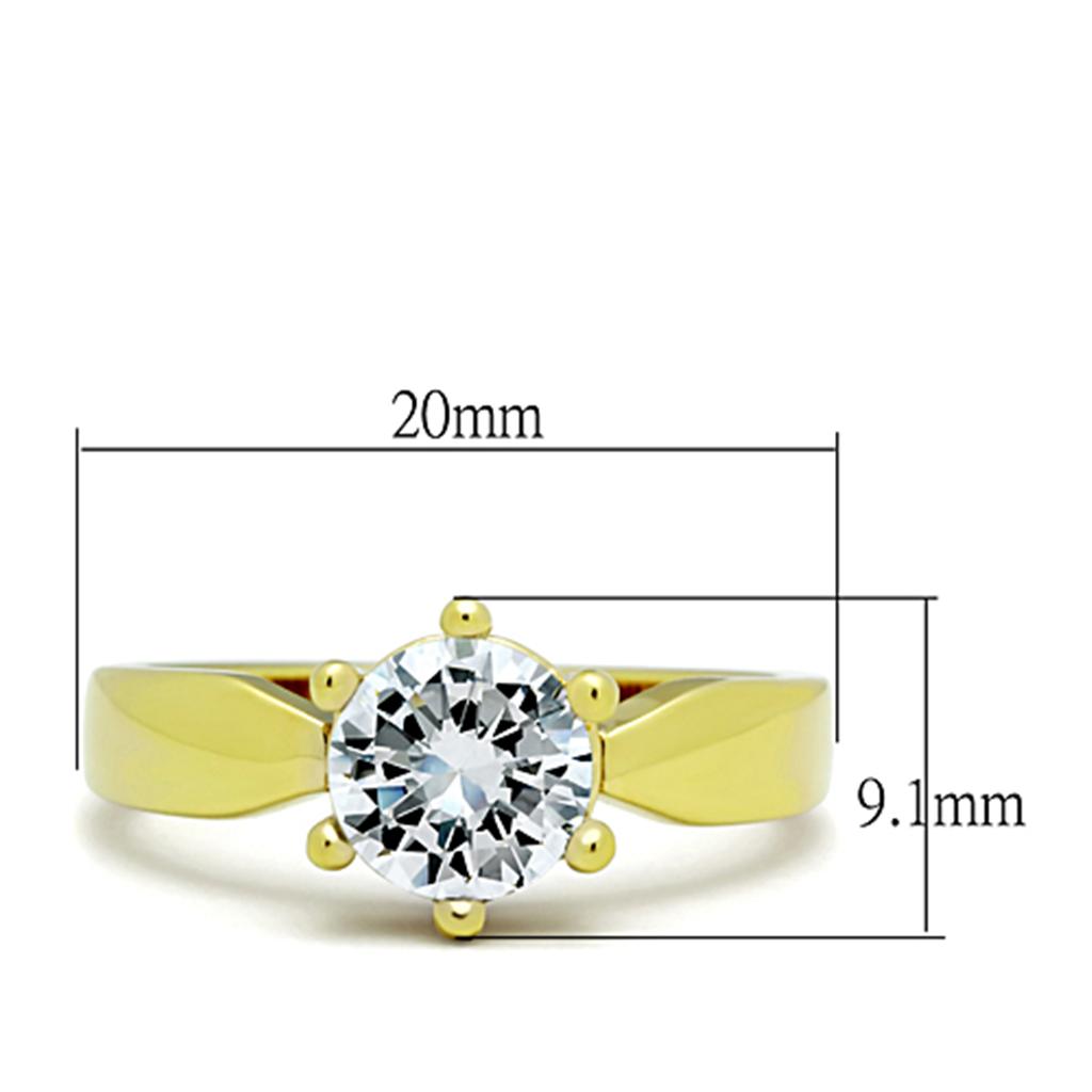 TK071G IP Gold Stainless Steel Ring featuring a clear AAA Grade CZ center stone, showcasing its elegant design and luxurious finish.