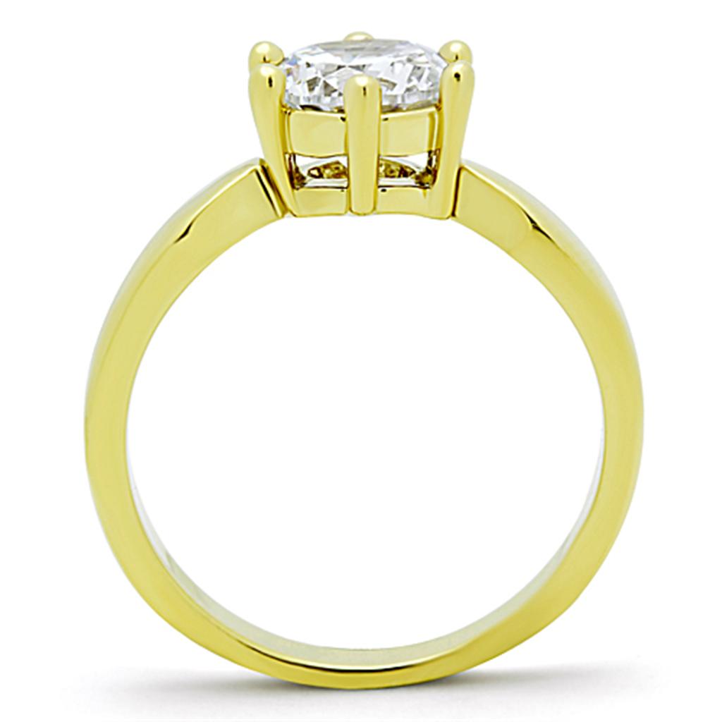 TK071G IP Gold Stainless Steel Ring featuring a clear AAA Grade CZ center stone, showcasing its elegant design and luxurious finish.