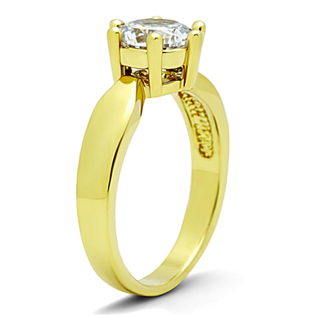 TK071G IP Gold Stainless Steel Ring featuring a clear AAA Grade CZ center stone, showcasing its elegant design and luxurious finish.