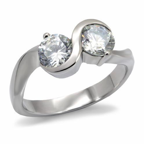 TK072 High Polished Stainless Steel Ring featuring a clear AAA Grade CZ center stone, showcasing its elegant design and shiny finish.