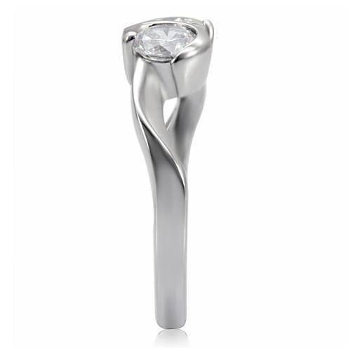 TK072 High Polished Stainless Steel Ring featuring a clear AAA Grade CZ center stone, showcasing its elegant design and shiny finish.