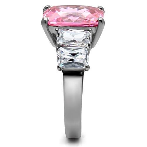 TK088 High Polished Stainless Steel Ring featuring a rose AAA Grade CZ center stone, showcasing its elegant design and shine.