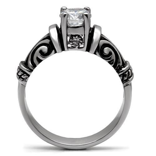 TK082 High Polished Stainless Steel Ring featuring a clear AAA Grade CZ center stone, showcasing a shiny and elegant design.