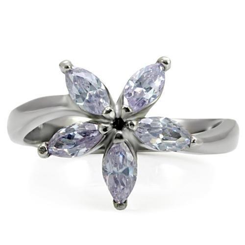 TK084 High Polished Stainless Steel Ring featuring AAA Grade light amethyst CZ stone, showcasing a brilliant shine and elegant design.